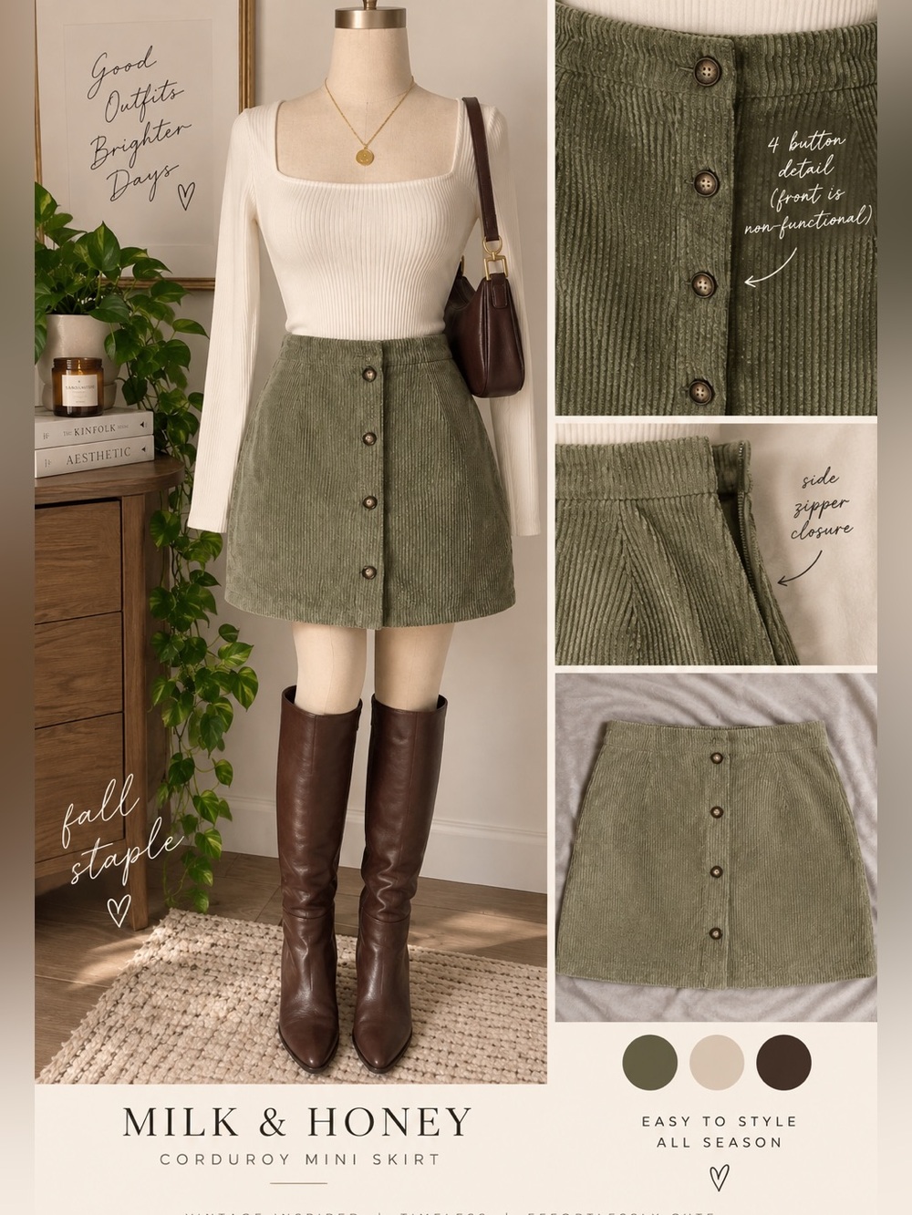 Milk & Honey Olive Green Corduroy Button Front Mini Skirt L